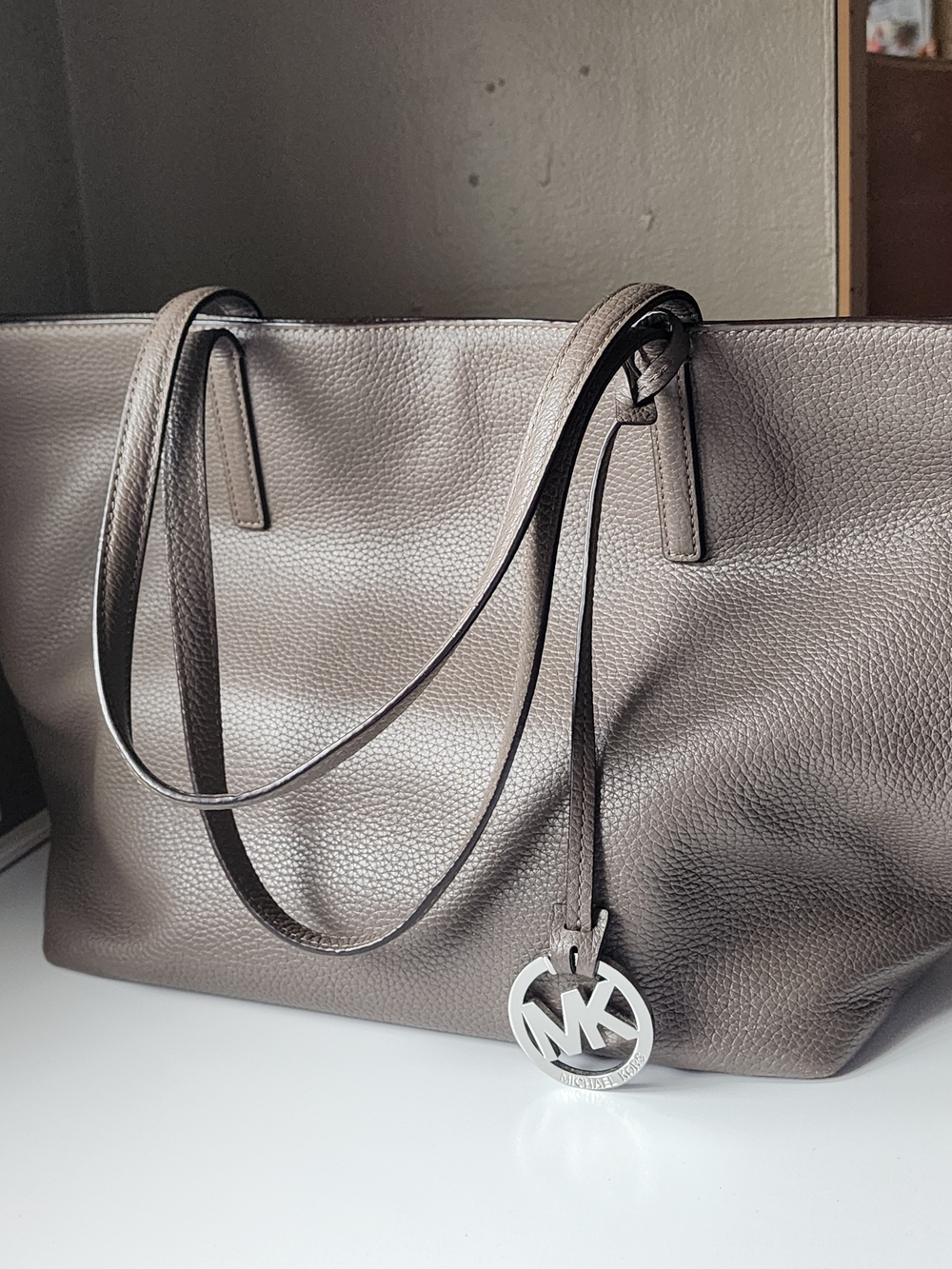 Michael Kors Large Taupe Pebbled Leather Tote Bag MK Medallion Silver Hardware